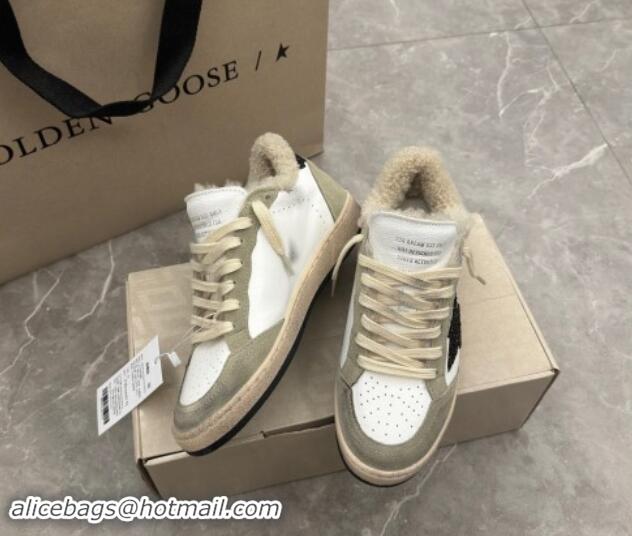 Top Grade Golden Goose Ball Star Sneakers in white nappa leather, grey suede and shearling with black glitter star and h