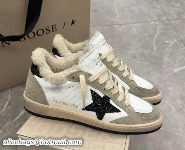 Top Grade Golden Goose Ball Star Sneakers in white nappa leather, grey suede and shearling with black glitter star and h