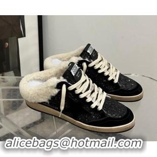 Low Price Golden Goose Ball Star Sabots Sneaker Mules in black glitter with black star and shearling lining 1113012