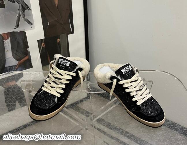 Low Price Golden Goose Ball Star Sabots Sneaker Mules in black glitter with black star and shearling lining 1113012