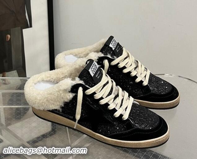 Low Price Golden Goose Ball Star Sabots Sneaker Mules in black glitter with black star and shearling lining 1113012