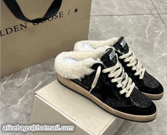 Low Price Golden Goose Ball Star Sabots Sneaker Mules in black glitter with black star and shearling lining 1113012