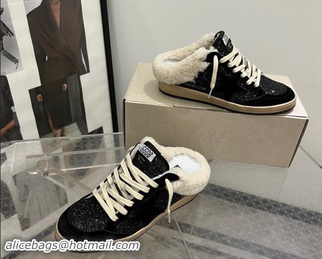 Low Price Golden Goose Ball Star Sabots Sneaker Mules in black glitter with black star and shearling lining 1113012