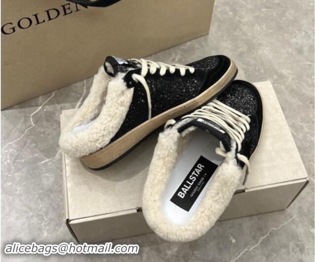 Low Price Golden Goose Ball Star Sabots Sneaker Mules in black glitter with black star and shearling lining 1113012