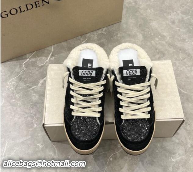 Low Price Golden Goose Ball Star Sabots Sneaker Mules in black glitter with black star and shearling lining 1113012