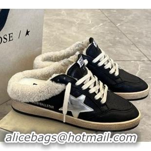 Best Grade Golden Goose Ball Star Sabots Sneaker Mules in black nappa leather with silver star and shearling lining 1113