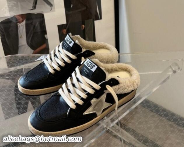 Best Grade Golden Goose Ball Star Sabots Sneaker Mules in black nappa leather with silver star and shearling lining 1113