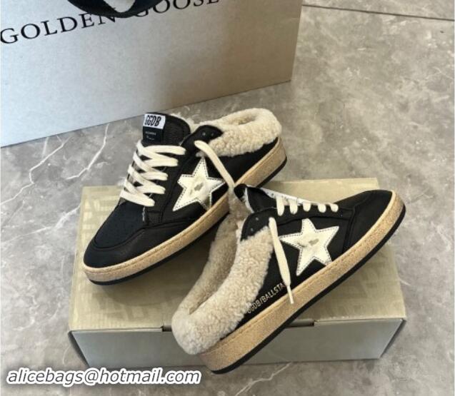 Best Grade Golden Goose Ball Star Sabots Sneaker Mules in black nappa leather with silver star and shearling lining 1113