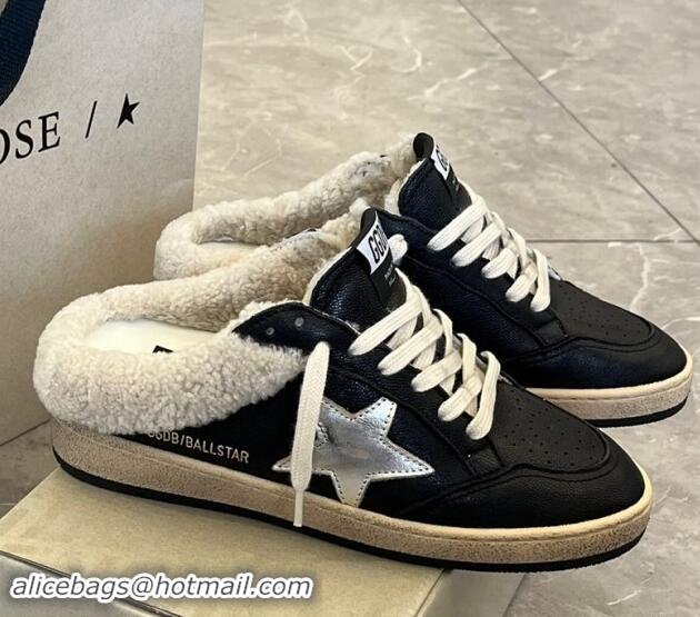 Best Grade Golden Goose Ball Star Sabots Sneaker Mules in black nappa leather with silver star and shearling lining 1113