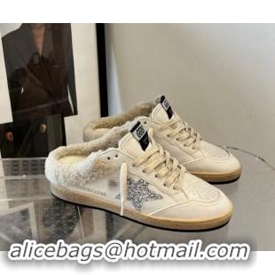 Good Looking Golden Goose Ball Star Sabots sneaker mules in white leather with silver glitter star and shearling lining 