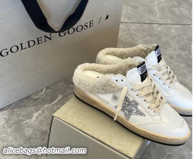 Good Looking Golden Goose Ball Star Sabots sneaker mules in white leather with silver glitter star and shearling lining 