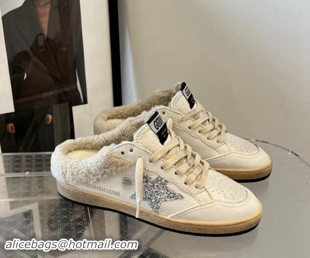 Good Looking Golden Goose Ball Star Sabots sneaker mules in white leather with silver glitter star and shearling lining 