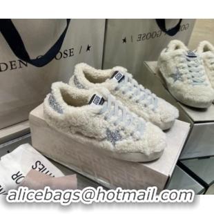 Top Grade Golden Goose Super-Star Sneakers in White Shearling with Glitter Silver Star 1113016