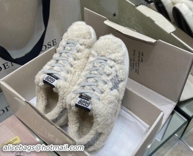 Top Grade Golden Goose Super-Star Sneakers in White Shearling with Glitter Silver Star 1113016