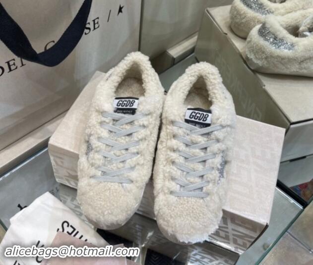 Top Grade Golden Goose Super-Star Sneakers in White Shearling with Glitter Silver Star 1113016