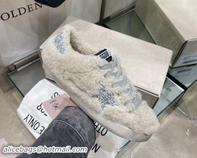 Top Grade Golden Goose Super-Star Sneakers in White Shearling with Glitter Silver Star 1113016