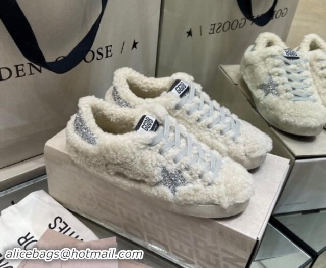 Top Grade Golden Goose Super-Star Sneakers in White Shearling with Glitter Silver Star 1113016