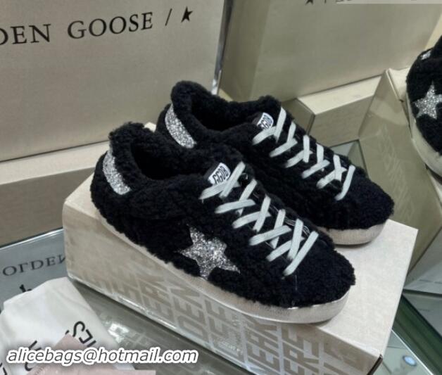 Best Product Golden Goose Super-Star Sneakers in Black Shearling with Glitter Silver Star 1113017