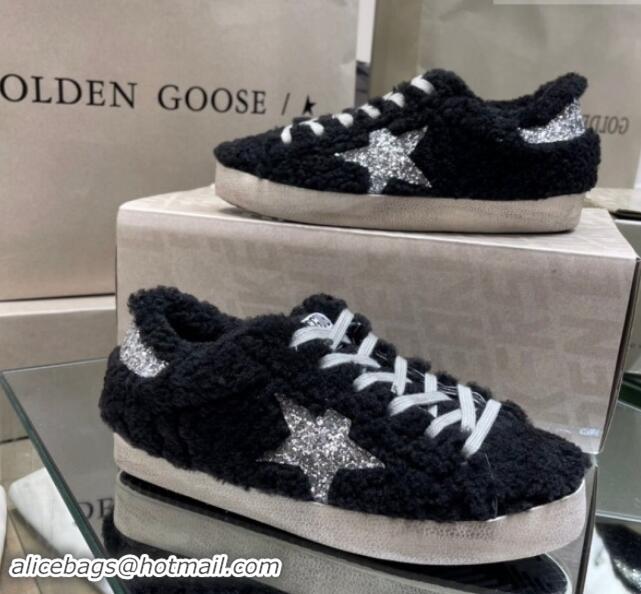 Best Product Golden Goose Super-Star Sneakers in Black Shearling with Glitter Silver Star 1113017