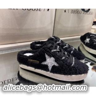 Pretty Style Golden Goose Super-Star Sneakers sabots in Black Shearling with Glitter Silver Star 113019