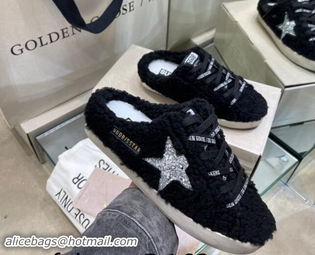 Pretty Style Golden Goose Super-Star Sneakers sabots in Black Shearling with Glitter Silver Star 113019