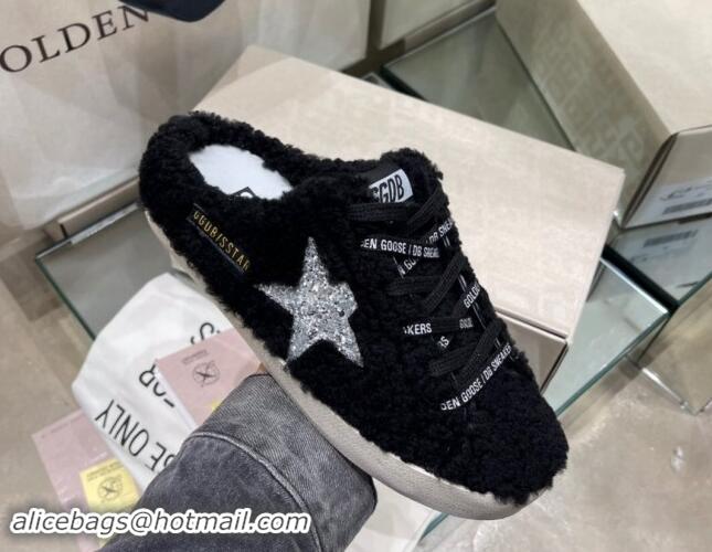 Pretty Style Golden Goose Super-Star Sneakers sabots in Black Shearling with Glitter Silver Star 113019