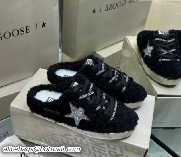 Pretty Style Golden Goose Super-Star Sneakers sabots in Black Shearling with Glitter Silver Star 113019