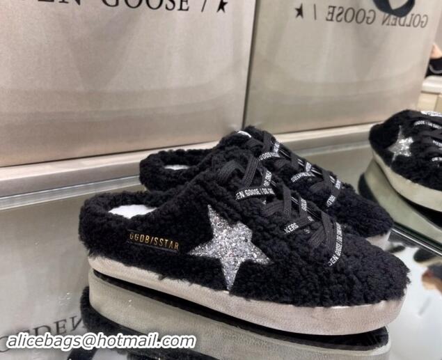 Pretty Style Golden Goose Super-Star Sneakers sabots in Black Shearling with Glitter Silver Star 113019