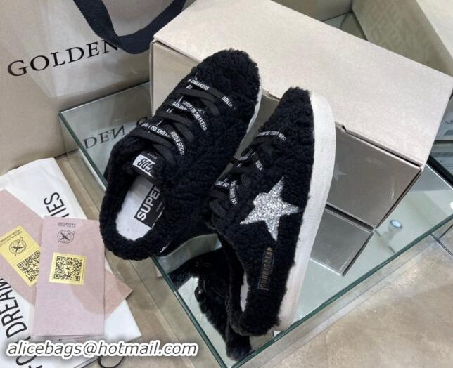 Pretty Style Golden Goose Super-Star Sneakers sabots in Black Shearling with Glitter Silver Star 113019