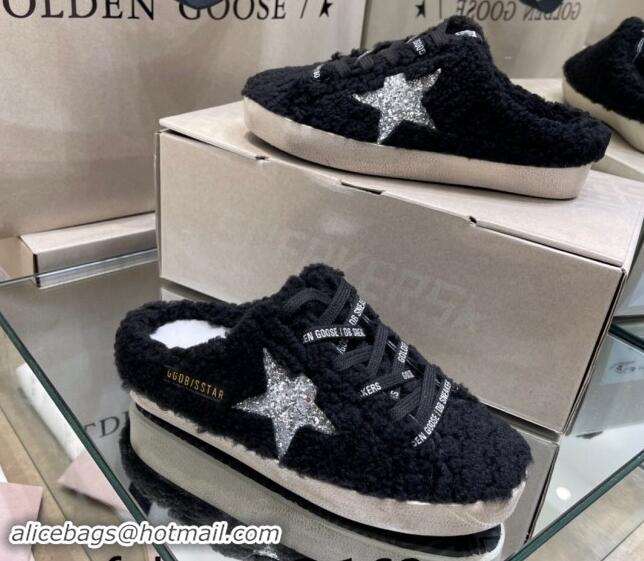 Pretty Style Golden Goose Super-Star Sneakers sabots in Black Shearling with Glitter Silver Star 113019