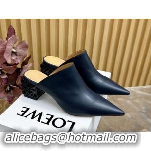 Shop Duplicate Loewe Calfskin Heel Mules with Logo Heel 4.5cm Navy Blue 1113056