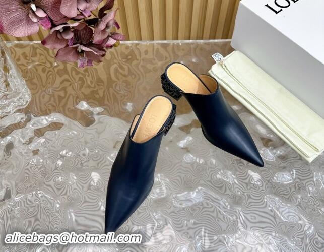 Shop Duplicate Loewe Calfskin Heel Mules with Logo Heel 4.5cm Navy Blue 1113056