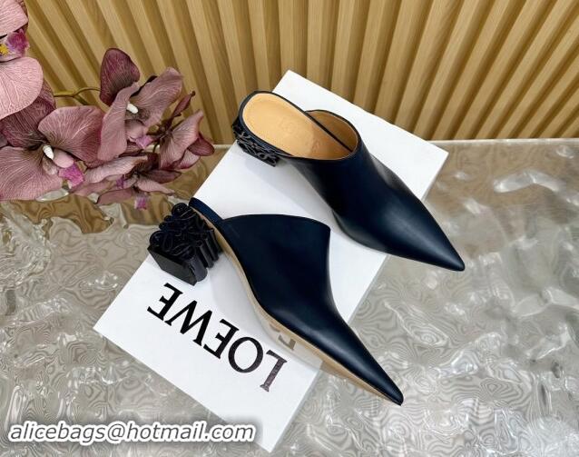 Shop Duplicate Loewe Calfskin Heel Mules with Logo Heel 4.5cm Navy Blue 1113056