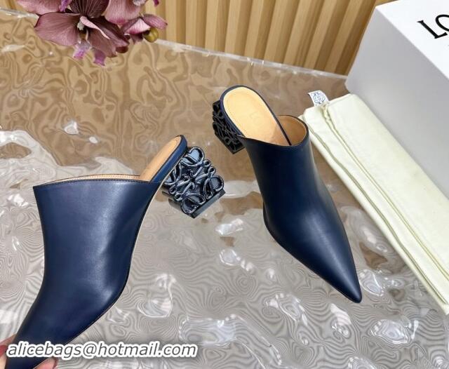 Shop Duplicate Loewe Calfskin Heel Mules with Logo Heel 4.5cm Navy Blue 1113056