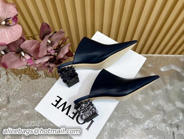 Shop Duplicate Loewe Calfskin Heel Mules with Logo Heel 4.5cm Navy Blue 1113056