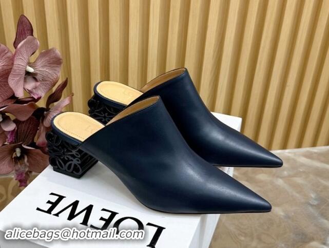 Shop Duplicate Loewe Calfskin Heel Mules with Logo Heel 4.5cm Navy Blue 1113056