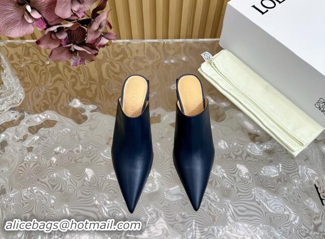 Shop Duplicate Loewe Calfskin Heel Mules with Logo Heel 4.5cm Navy Blue 1113056