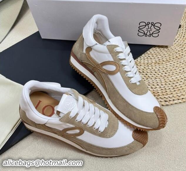 Luxury Discount Loewe Flow Runner Sneakers in Nylon and Suede Beige/White 1113058