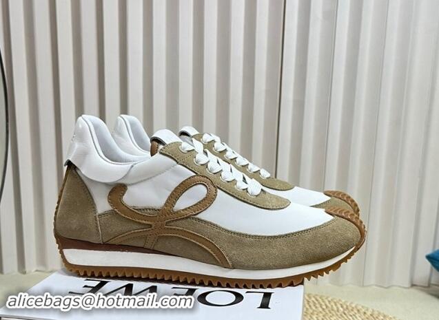 Luxury Discount Loewe Flow Runner Sneakers in Nylon and Suede Beige/White 1113058