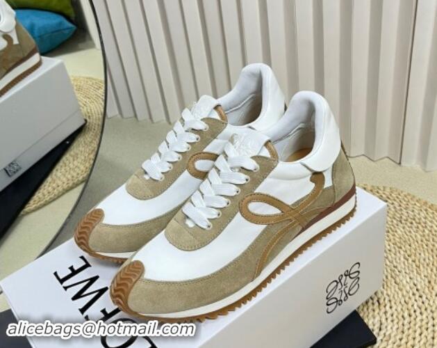 Luxury Discount Loewe Flow Runner Sneakers in Nylon and Suede Beige/White 1113058