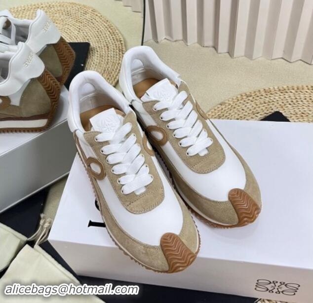 Luxury Discount Loewe Flow Runner Sneakers in Nylon and Suede Beige/White 1113058