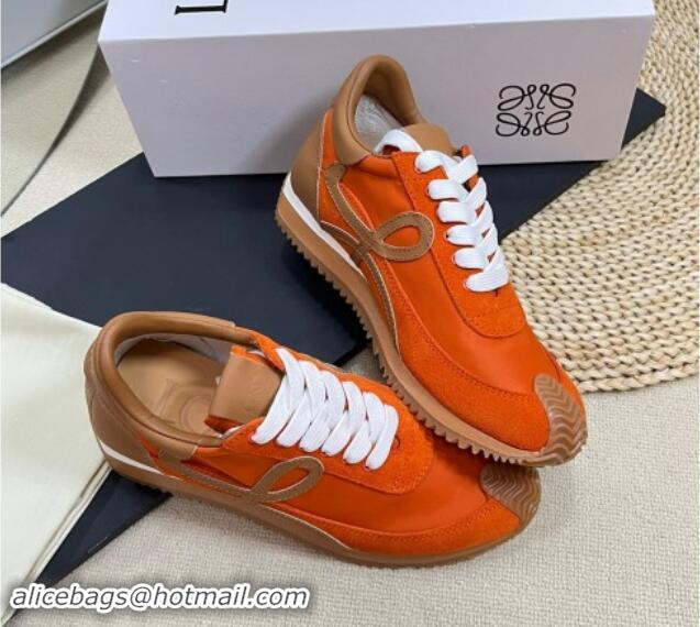 Luxury Loewe Flow Runner Sneakers in Nylon and Suede Orange/Brown 113059