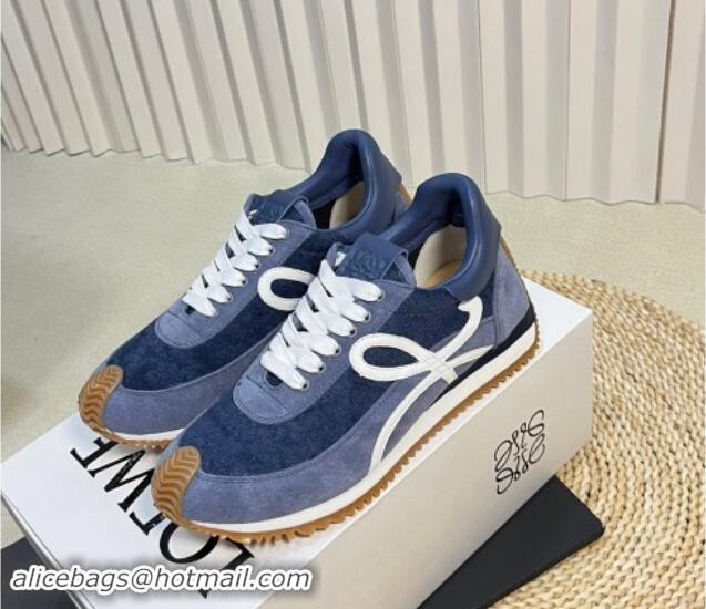 Perfect Loewe Flow Runner Sneakers in Towel Fabric and Suede Blue 1113063