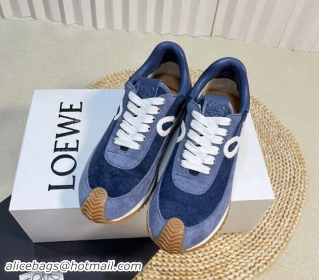 Perfect Loewe Flow Runner Sneakers in Towel Fabric and Suede Blue 1113063