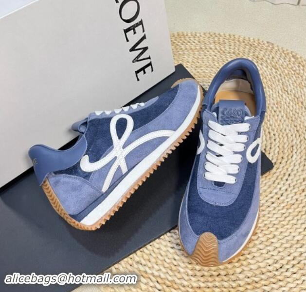 Perfect Loewe Flow Runner Sneakers in Towel Fabric and Suede Blue 1113063