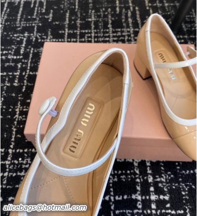 Good Quality Miu Miu Patent Leather Mary Janes Pumps with White Trim Beige 1114019