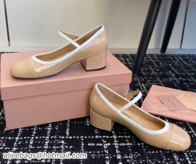 Good Quality Miu Miu Patent Leather Mary Janes Pumps with White Trim Beige 1114019