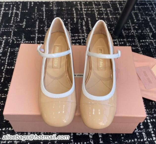 Good Quality Miu Miu Patent Leather Mary Janes Pumps with White Trim Beige 1114019