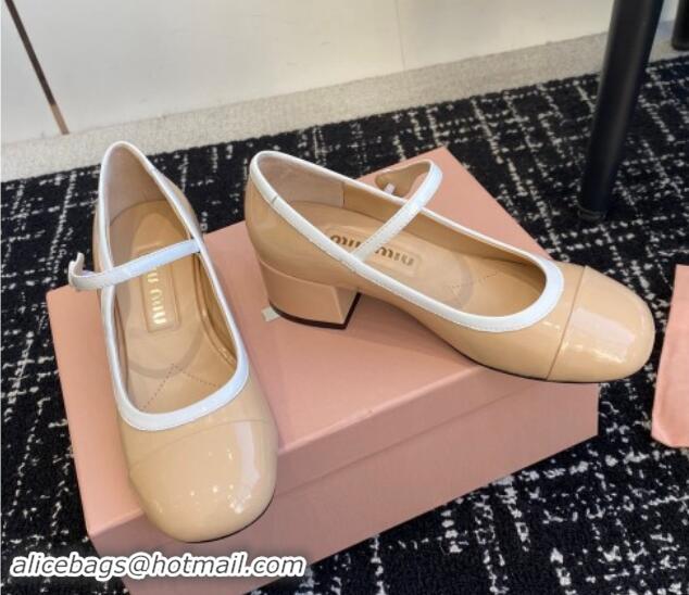 Good Quality Miu Miu Patent Leather Mary Janes Pumps with White Trim Beige 1114019