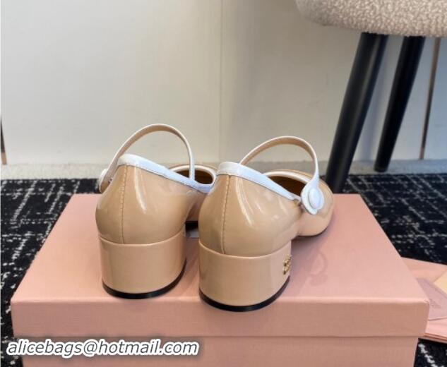 Good Quality Miu Miu Patent Leather Mary Janes Pumps with White Trim Beige 1114019